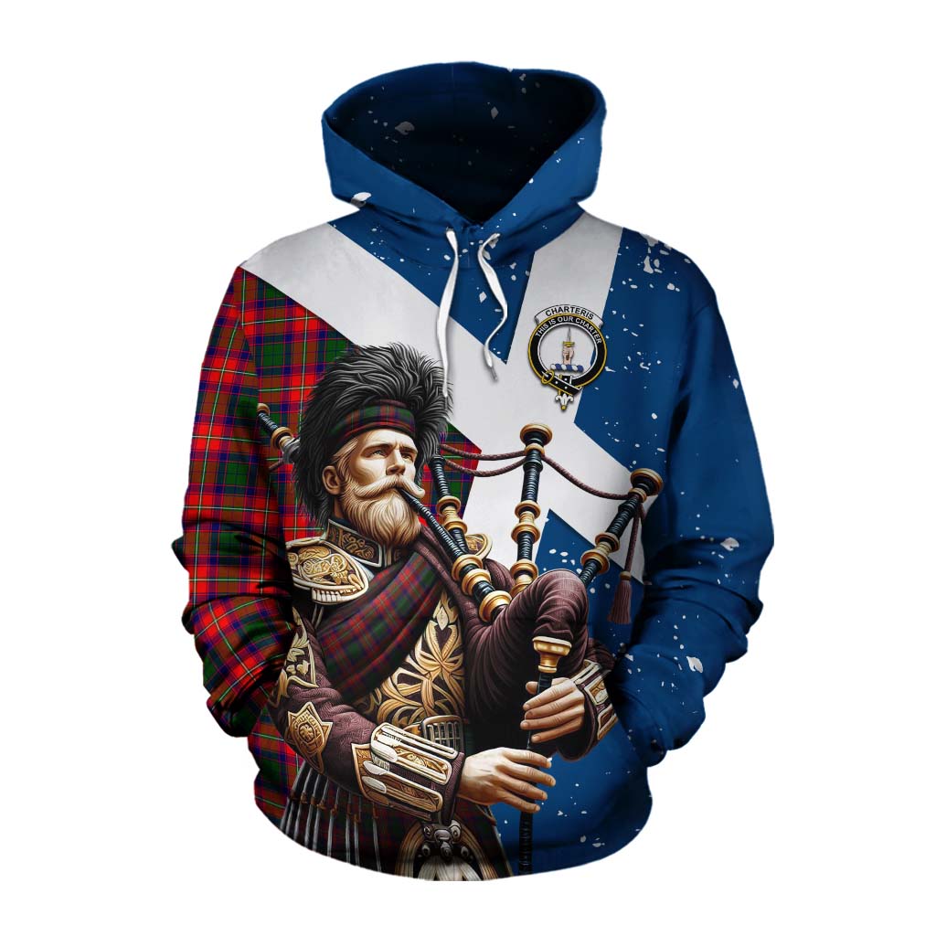 Tartan Vibes Clothing Charteris Tartan Cotton Hoodie with Family Crest Scottish Bagpiper Vibes