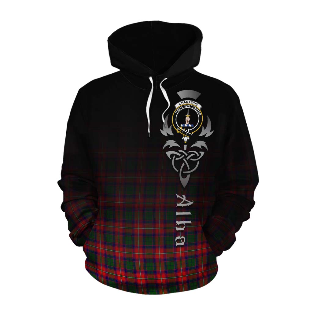 Tartan Vibes Clothing Charteris Tartan Cotton Hoodie Featuring Alba Gu Brath Family Crest Celtic Inspired