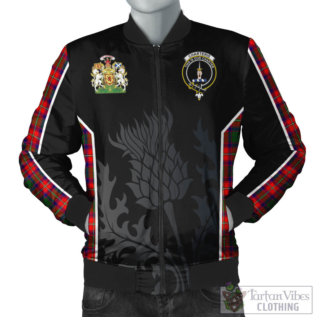 Tartan Vibes Clothing Charteris Tartan Bomber Jacket with Family Crest and Scottish Thistle Vibes Sport Style