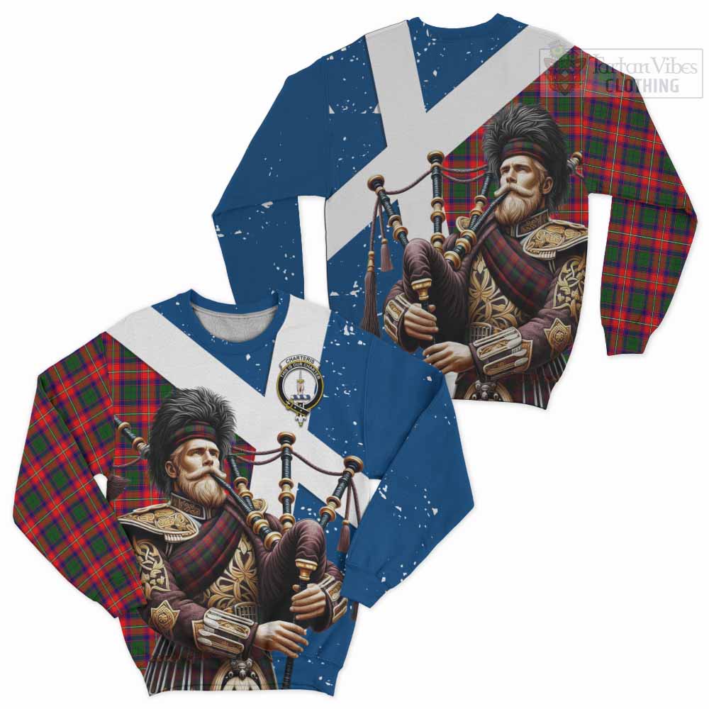 Tartan Vibes Clothing Charteris Tartan Sweatshirt with Family Crest Scottish Bagpiper Vibes