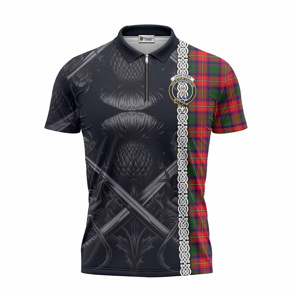 Tartan Vibes Clothing Charteris Tartan Zipper Polo Shirt with Family Crest Cross Sword Thistle Celtic Vibes