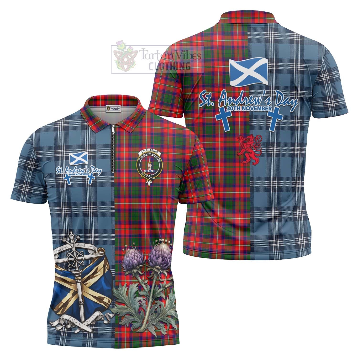 Tartan Vibes Clothing Charteris Tartan Zipper Polo Shirt Happy St. Andrew's Day Half Tartan Style