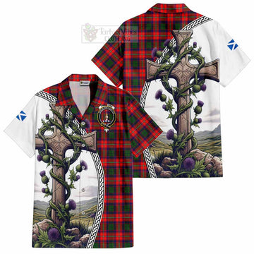 Charteris Tartan Short Sleeve Button Shirt with Family Crest and St. Andrew's Cross Accented by Thistle Vines