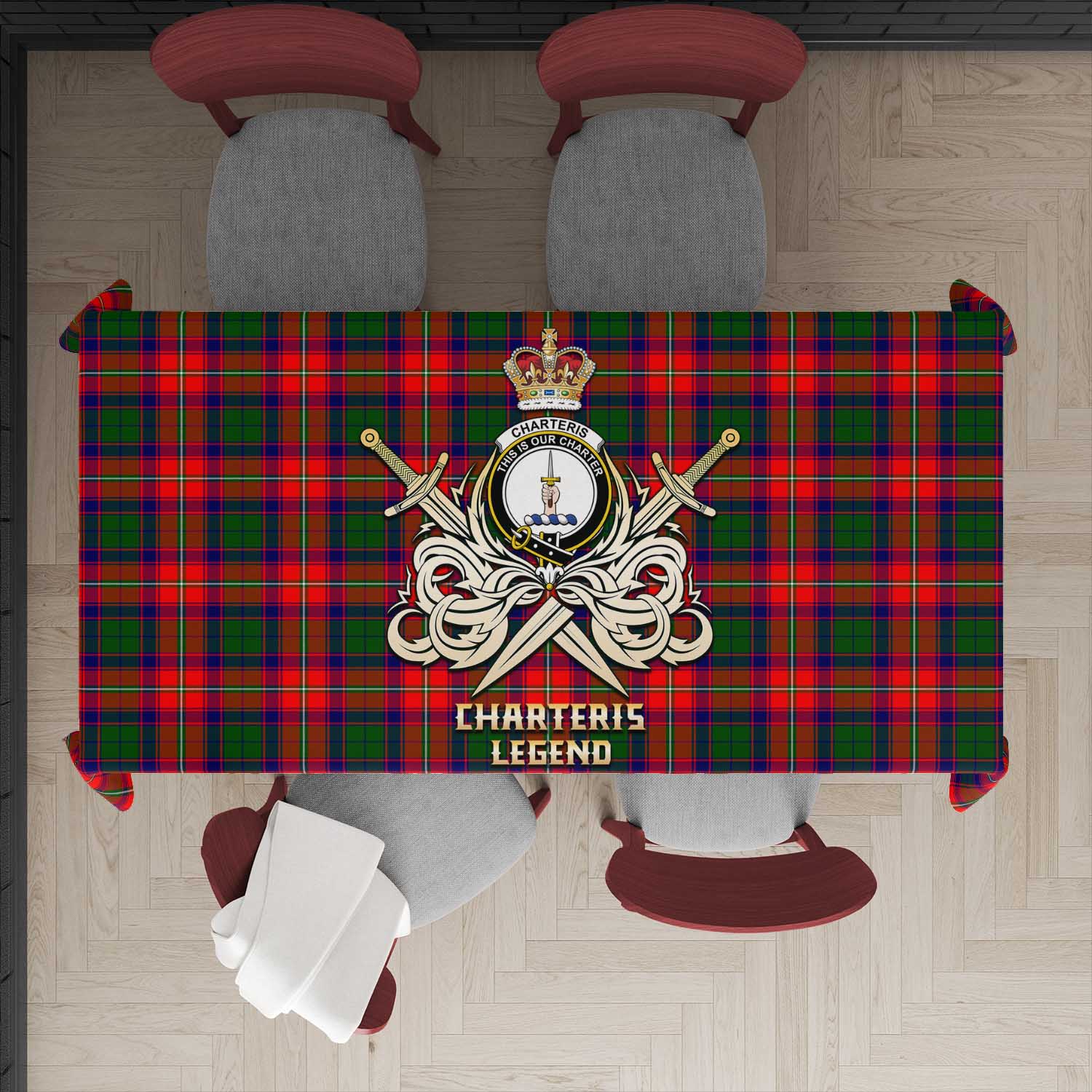 Tartan Vibes Clothing Charteris Tartan Tablecloth with Clan Crest and the Golden Sword of Courageous Legacy