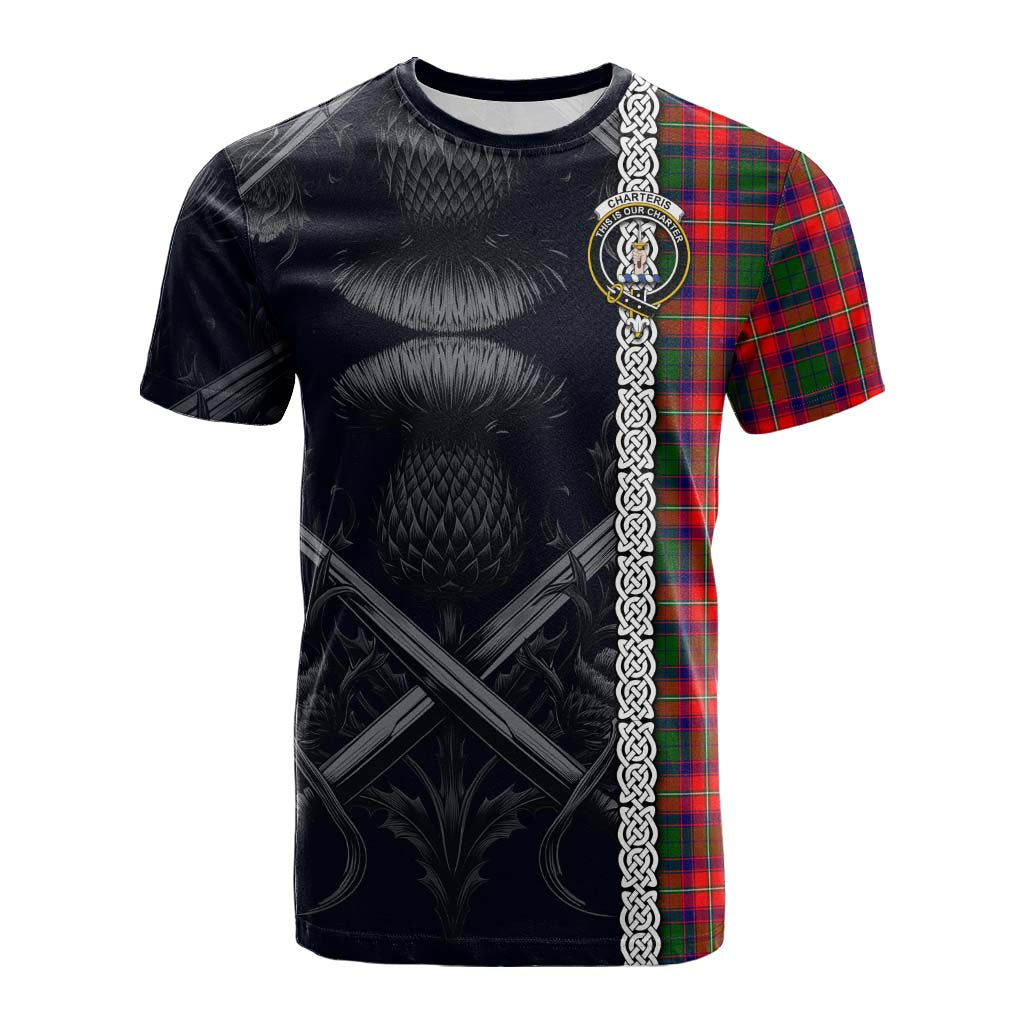 Tartan Vibes Clothing Charteris Tartan Cotton T-shirt with Family Crest Cross Sword Thistle Celtic Vibes