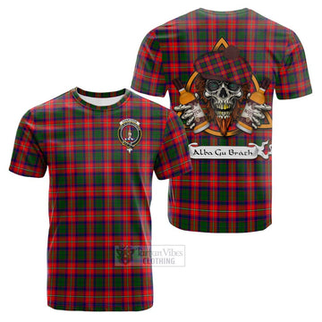 Charteris Tartan Cotton T-shirt with Family Crest and Bearded Skull Holding Bottles of Whiskey