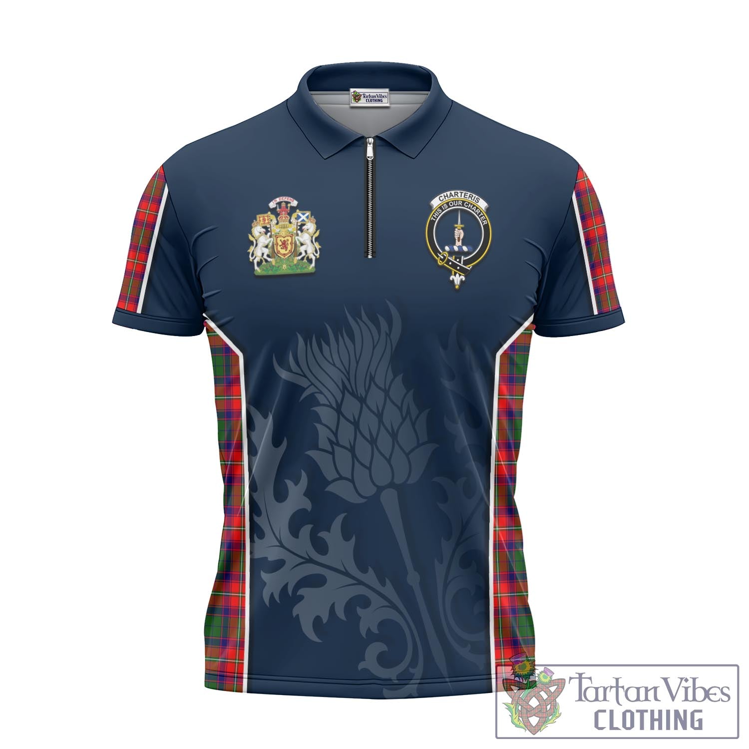 Tartan Vibes Clothing Charteris Tartan Zipper Polo Shirt with Family Crest and Scottish Thistle Vibes Sport Style