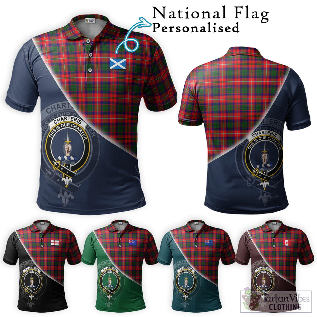 Charteris Tartan Polo Shirt with Personalised National Flag and Family Crest Half Style Maroon - Tartanvibesclothing Shop