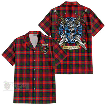 Charteris Tartan Short Sleeve Button Shirt with Family Crest Celtic Skull Style