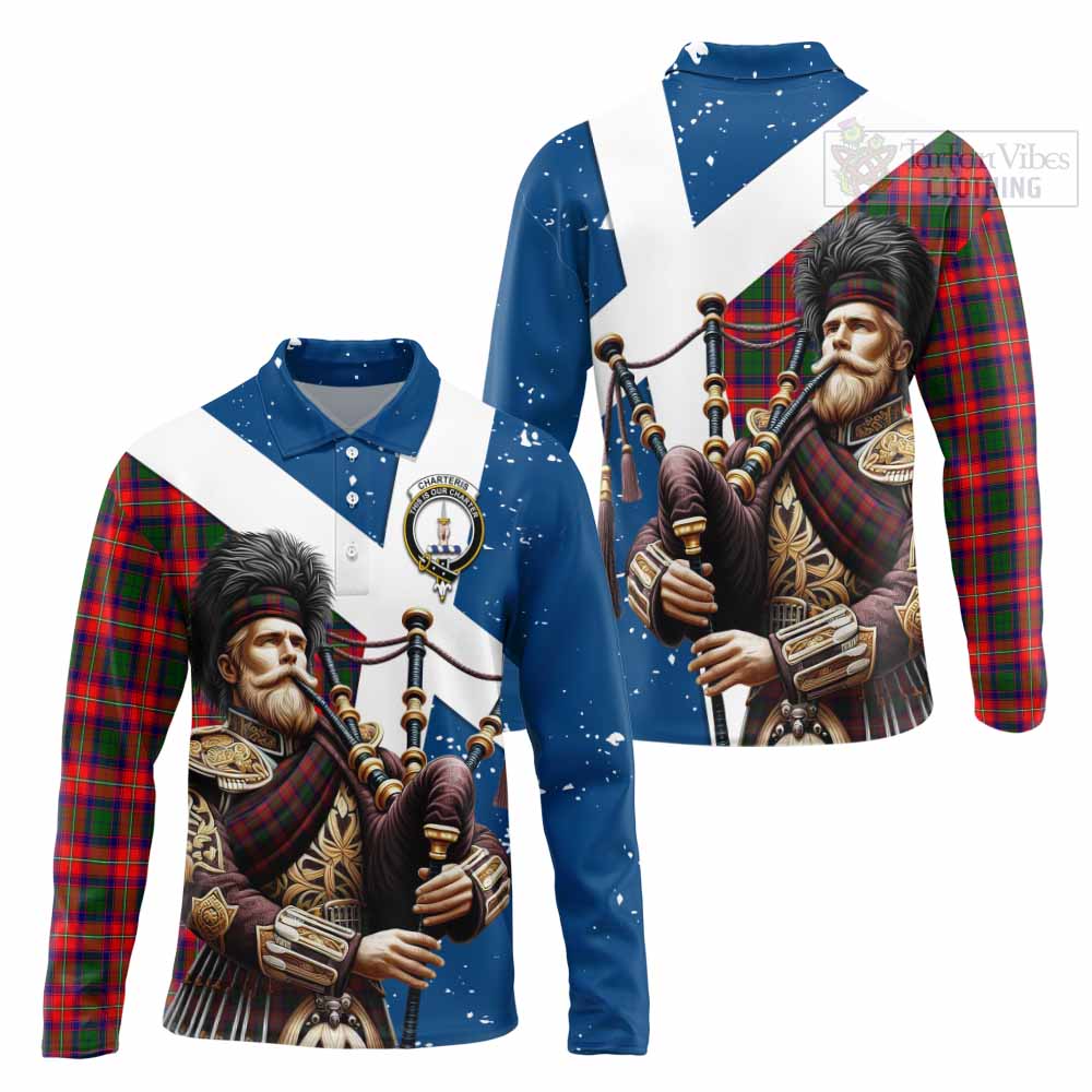 Tartan Vibes Clothing Charteris Tartan Long Sleeve Polo Shirt with Family Crest Scottish Bagpiper Vibes