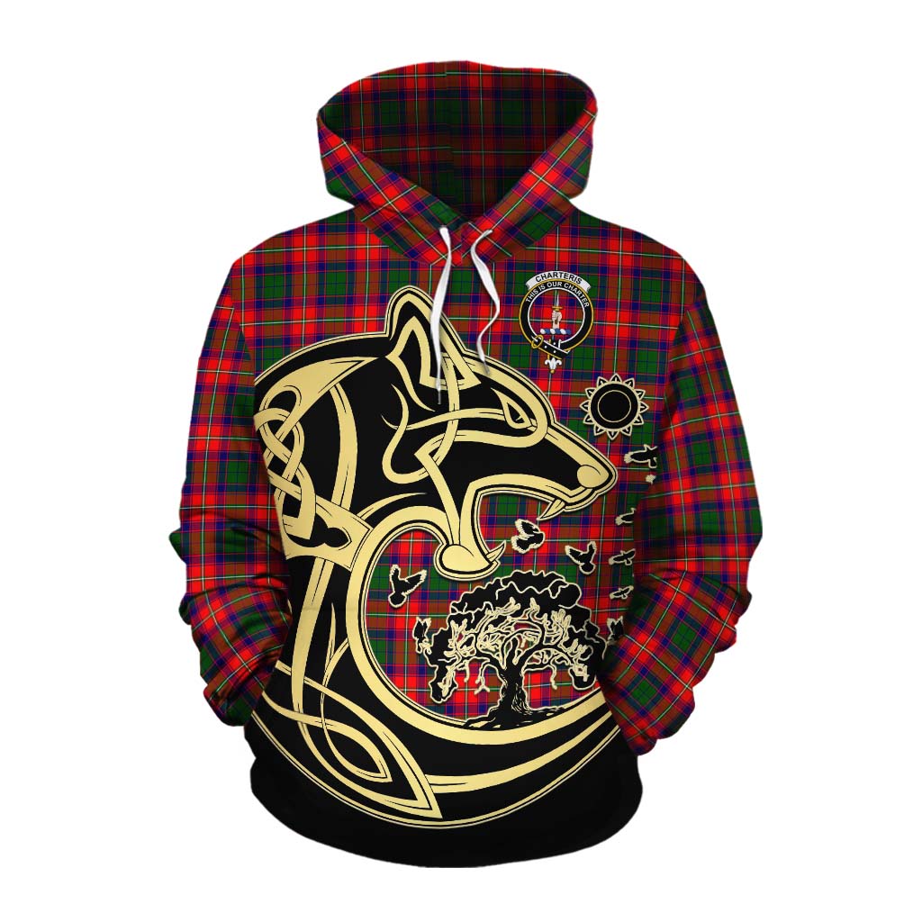 Tartan Vibes Clothing Charteris Tartan Cotton Hoodie with Family Crest Celtic Wolf Style