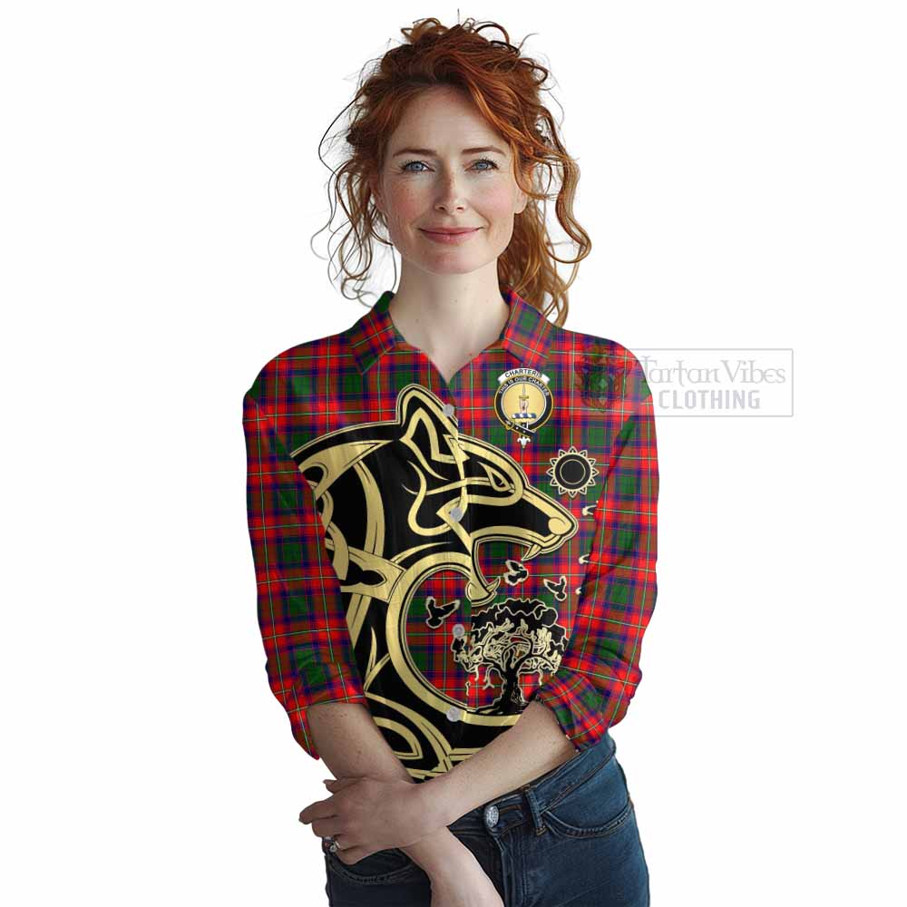 Tartan Vibes Clothing Charteris Tartan Women's Casual Shirt with Family Crest Celtic Wolf Style