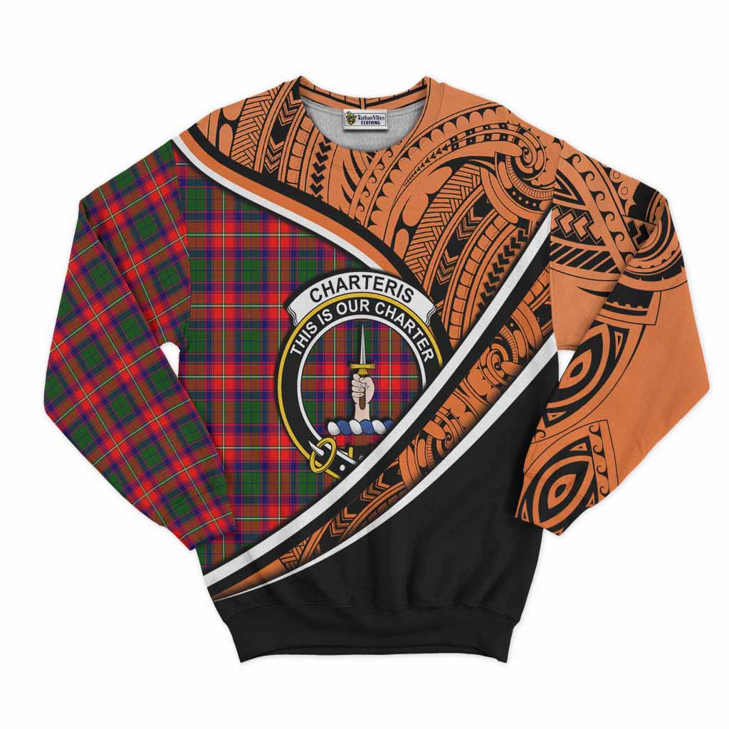 Tartan Vibes Clothing Charteris Crest Tartan Sweatshirt with Maori Tattoo Style - Orange Version