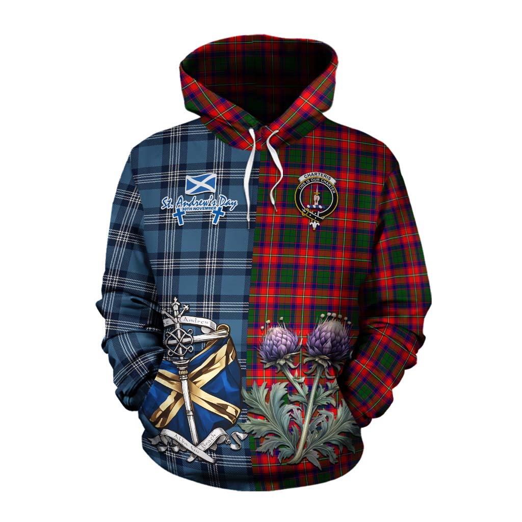 Tartan Vibes Clothing Charteris Tartan Cotton Hoodie Happy St. Andrew's Day Half Tartan Style