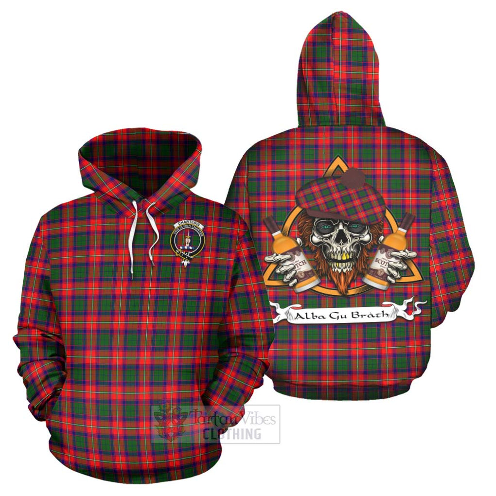 Tartan Vibes Clothing Charteris Tartan Hoodie with Family Crest and Bearded Skull Holding Bottles of Whiskey