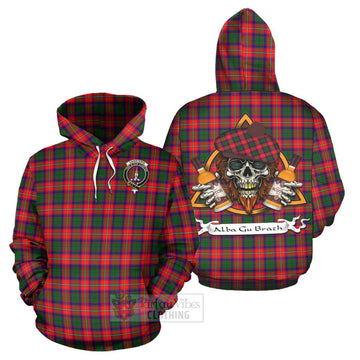 Charteris Tartan Hoodie with Family Crest and Bearded Skull Holding Bottles of Whiskey