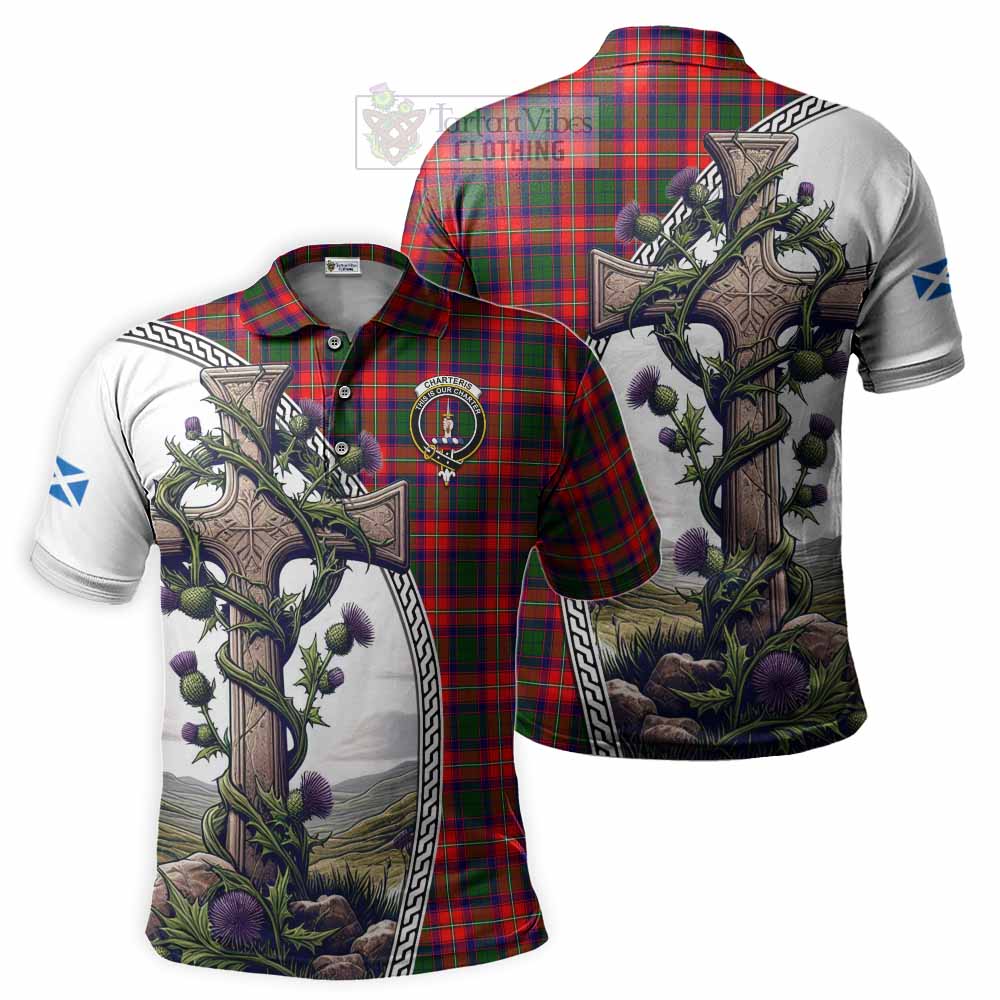 Tartan Vibes Clothing Charteris Tartan Polo Shirt with Family Crest and St. Andrew's Cross Accented by Thistle Vines