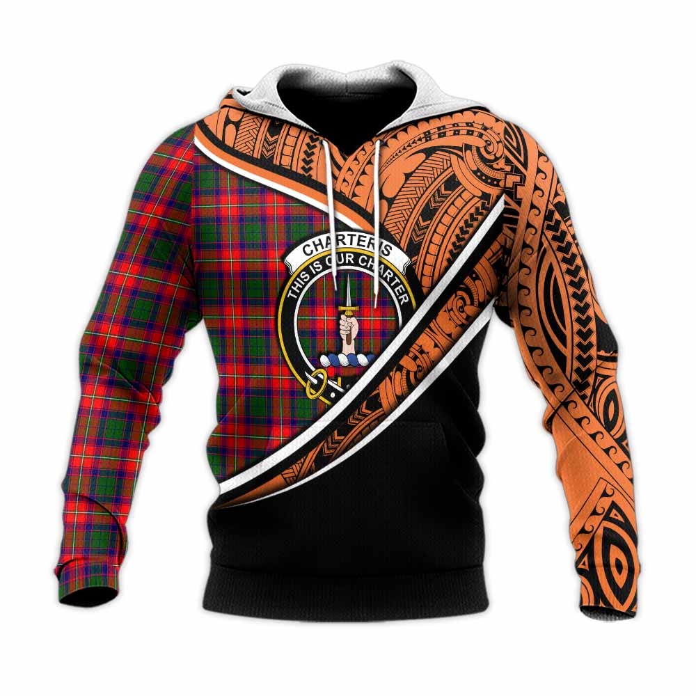 Tartan Vibes Clothing Charteris Crest Tartan Knitted Hoodie with Maori Tattoo Style - Orange Version