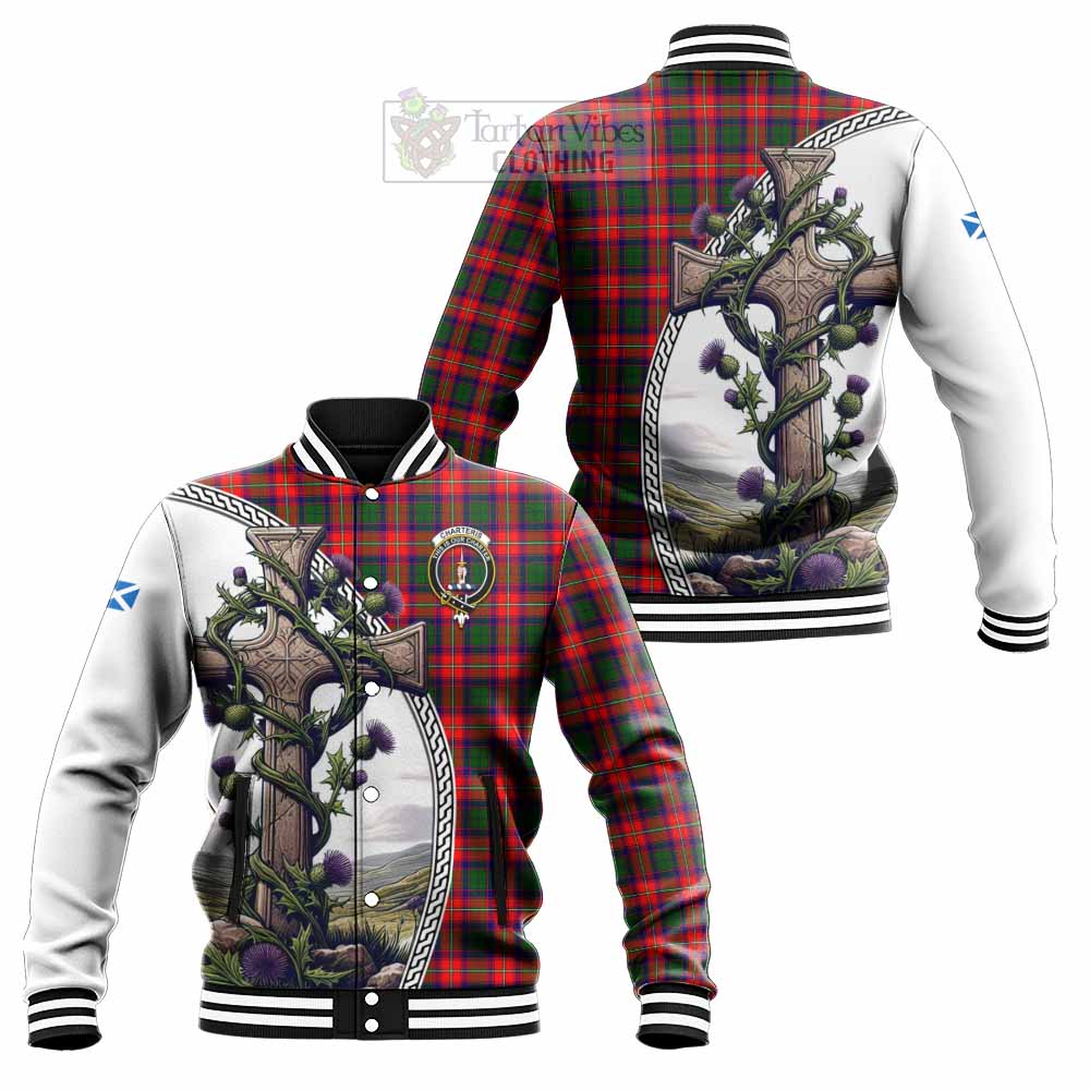 Tartan Vibes Clothing Charteris Tartan Baseball Jacket with Family Crest and St. Andrew's Cross Accented by Thistle Vines