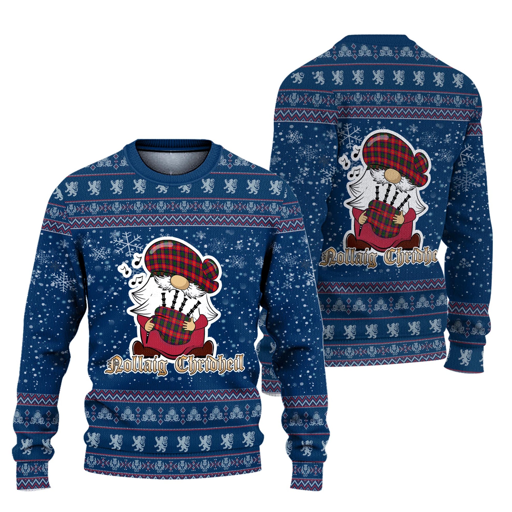 Charteris Clan Christmas Family Knitted Sweater with Funny Gnome Playing Bagpipes Unisex Blue - Tartanvibesclothing