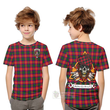 Charteris Tartan Kid T-Shirt with Family Crest and Bearded Skull Holding Bottles of Whiskey