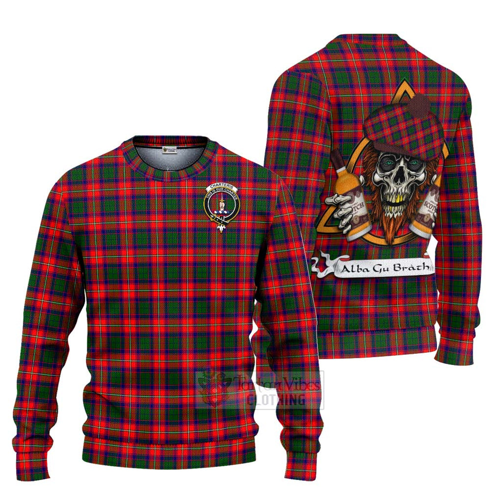 Tartan Vibes Clothing Charteris Tartan Knitted Sweater with Family Crest and Bearded Skull Holding Bottles of Whiskey