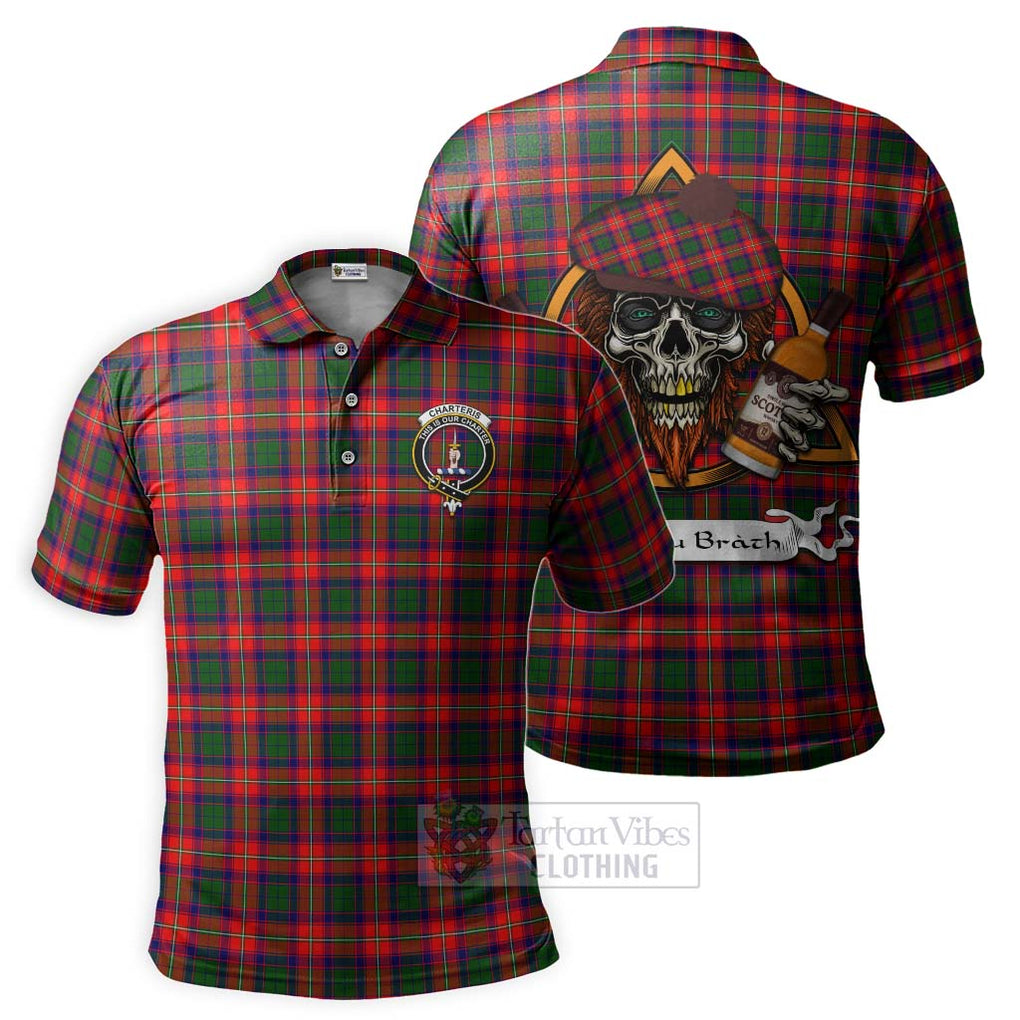 Tartan Vibes Clothing Charteris Tartan Polo Shirt with Family Crest and Bearded Skull Holding Bottles of Whiskey