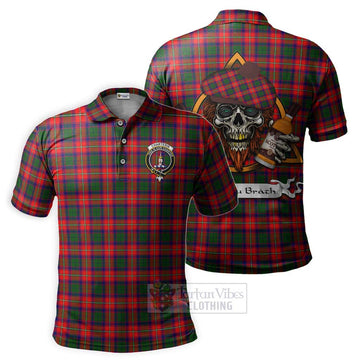 Charteris Tartan Polo Shirt with Family Crest and Bearded Skull Holding Bottles of Whiskey