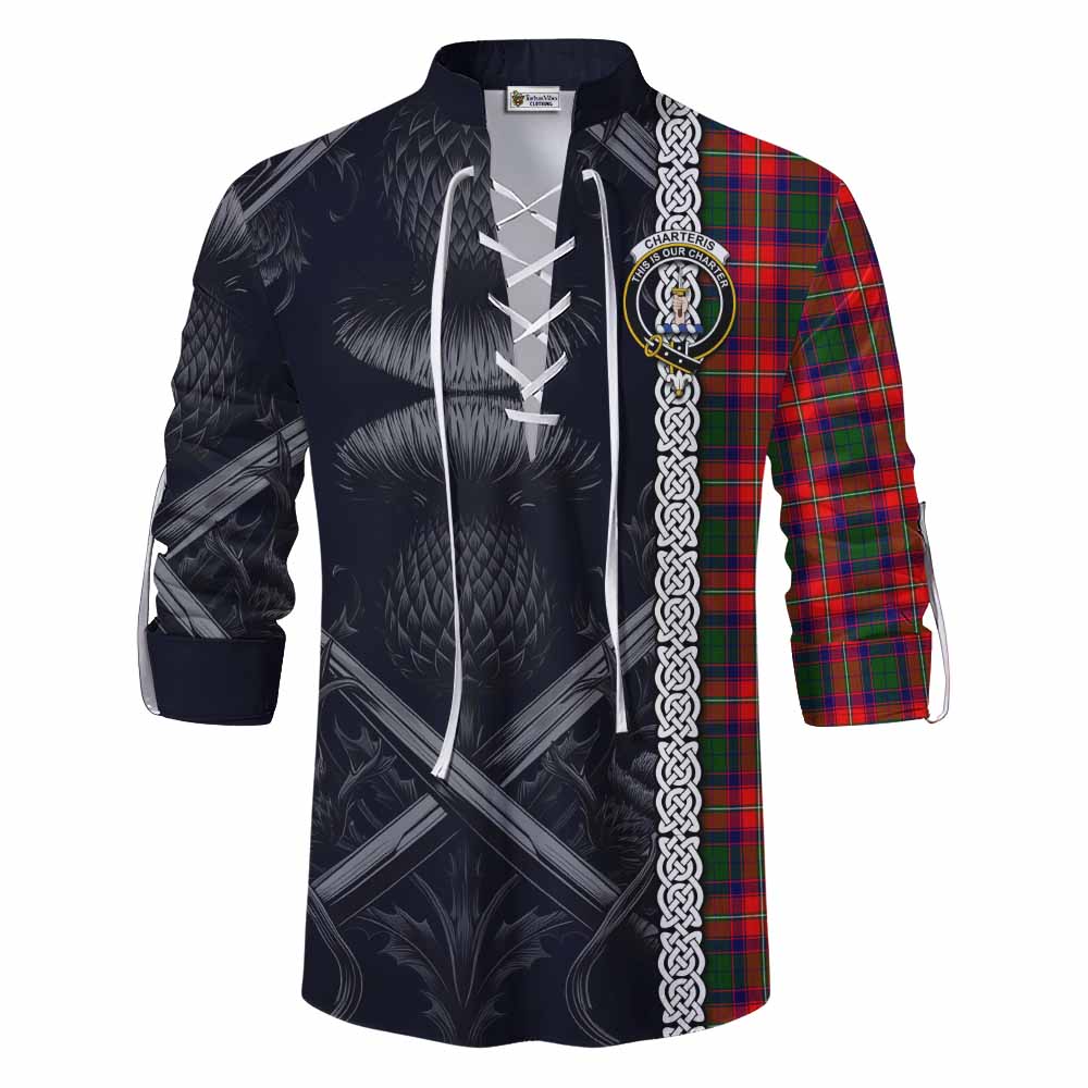 Tartan Vibes Clothing Charteris Tartan Ghillie Kilt Shirt with Family Crest Cross Sword Thistle Celtic Vibes