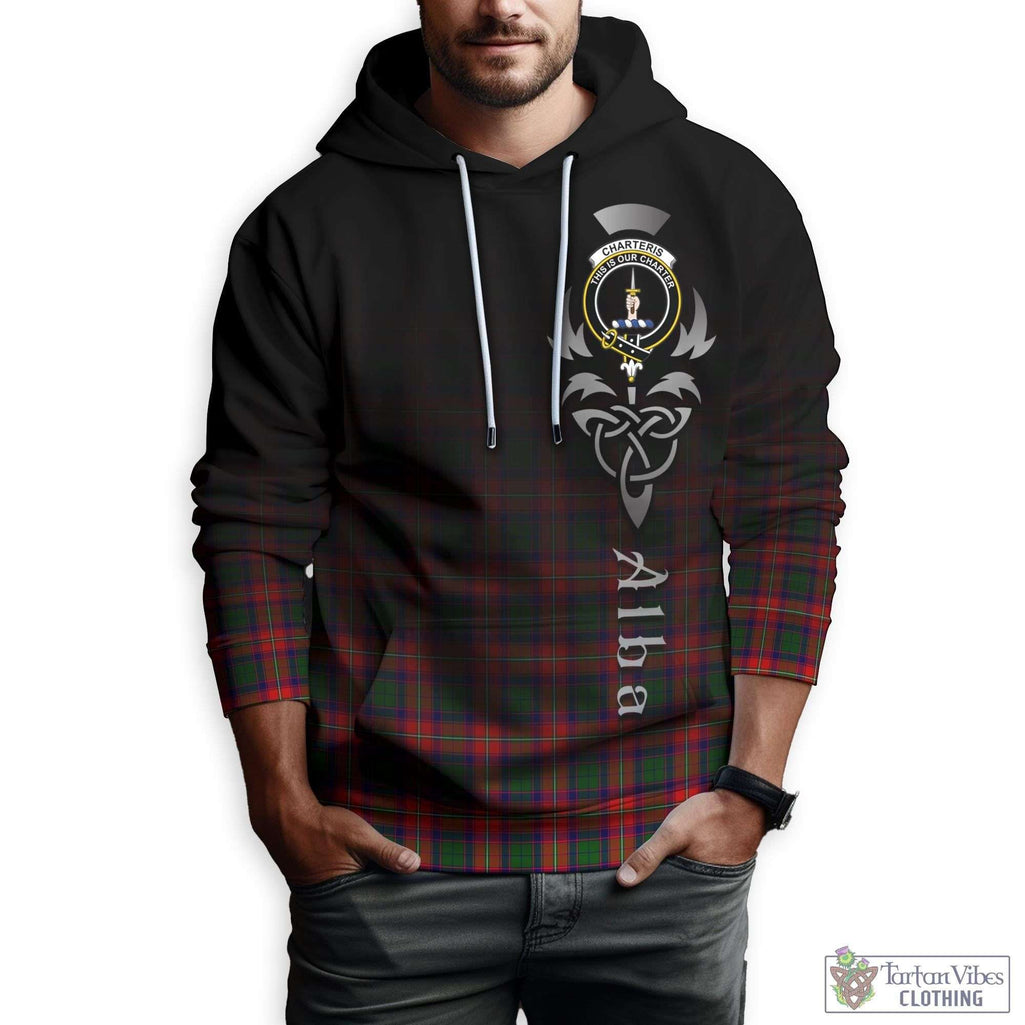 Tartan Vibes Clothing Charteris Tartan Hoodie Featuring Alba Gu Brath Family Crest Celtic Inspired