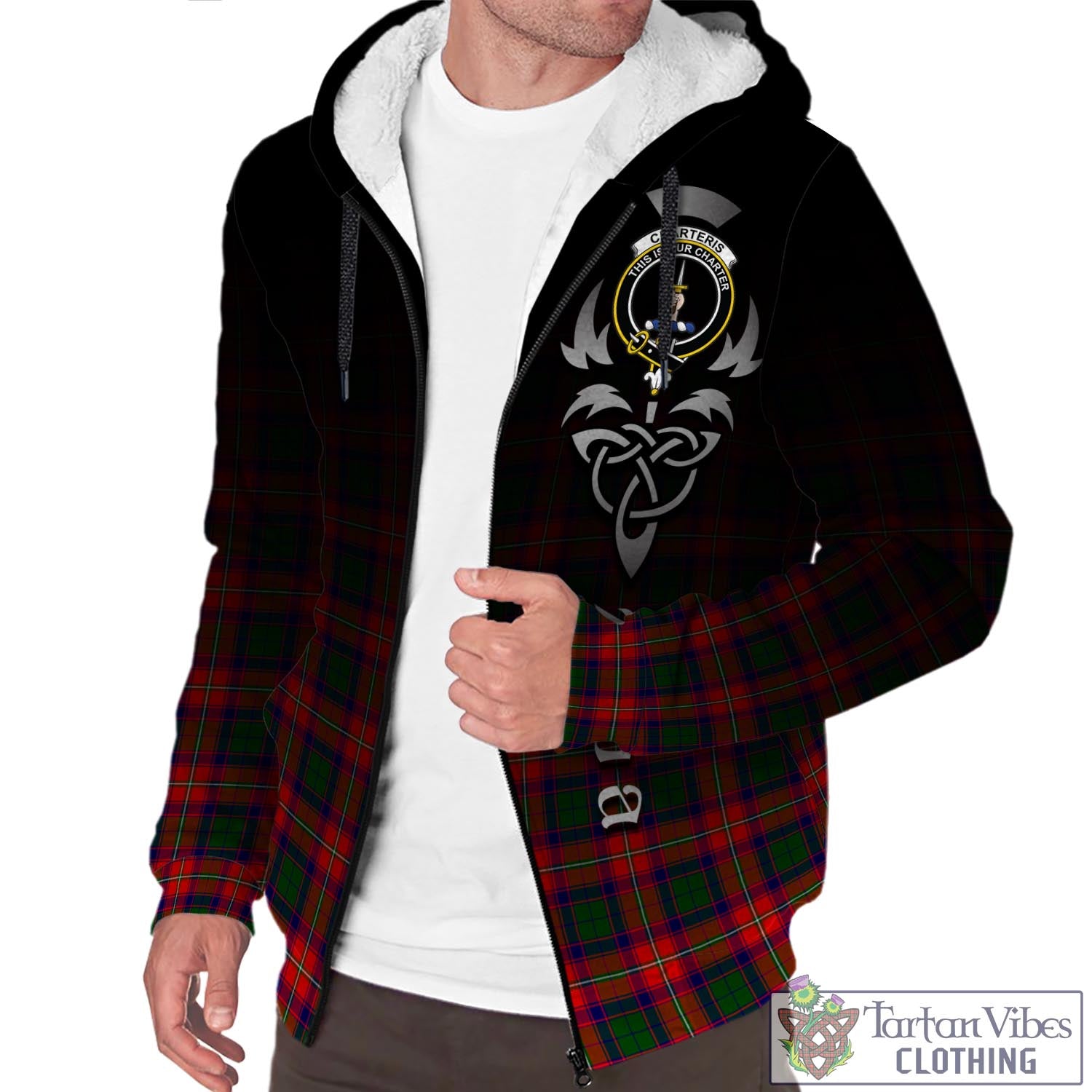 Charteris Tartan Sherpa Hoodie Featuring Alba Gu Brath Family Crest Celtic Inspired Unisex - Tartan Vibes Clothing