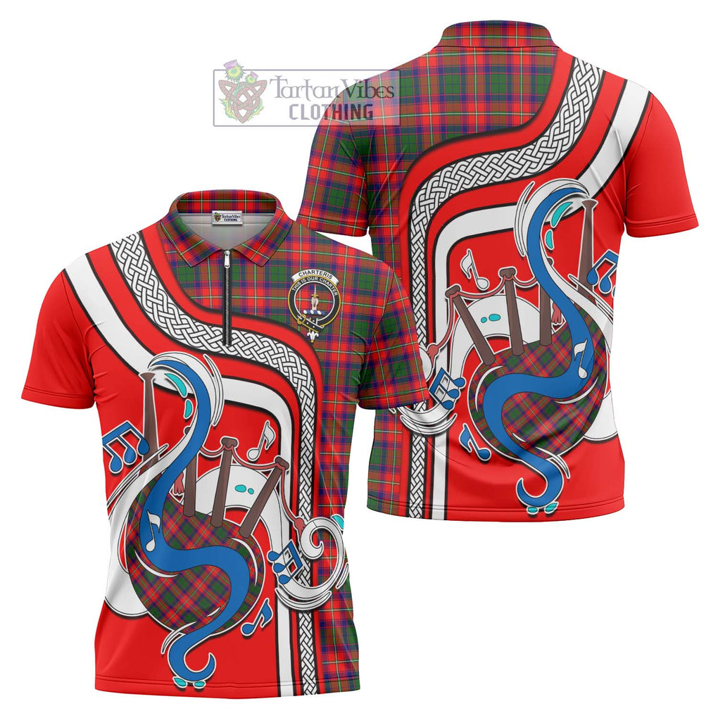 Charteris Tartan Zipper Polo Shirt with Epic Bagpipe Style Unisex - Tartanvibesclothing Shop