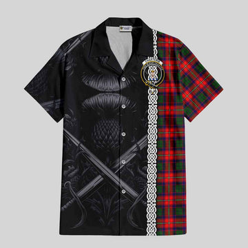 Charteris Tartan Short Sleeve Button Shirt with Family Crest Cross Sword Thistle Celtic Vibes