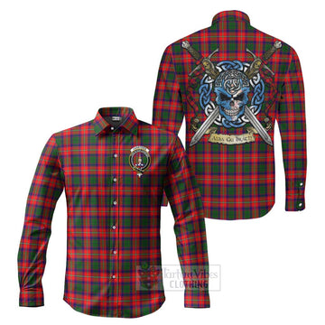 Charteris Tartan Long Sleeve Button Shirt with Family Crest Celtic Skull Style