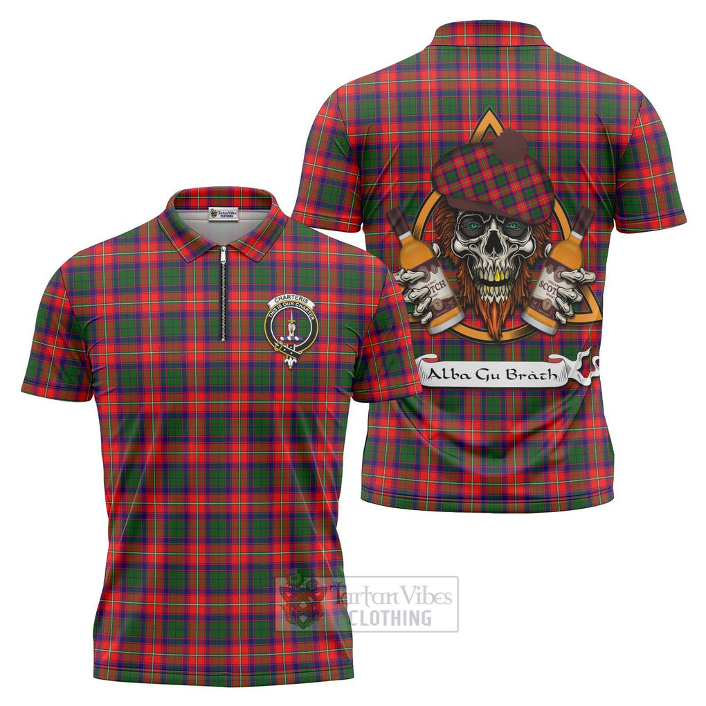 Tartan Vibes Clothing Charteris Tartan Zipper Polo Shirt with Family Crest and Bearded Skull Holding Bottles of Whiskey