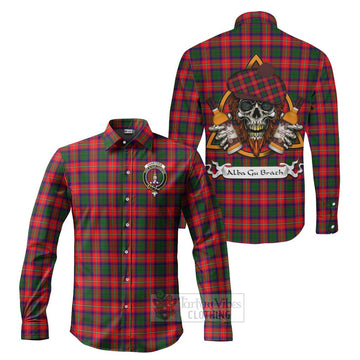 Charteris Tartan Long Sleeve Button Shirt with Family Crest and Bearded Skull Holding Bottles of Whiskey