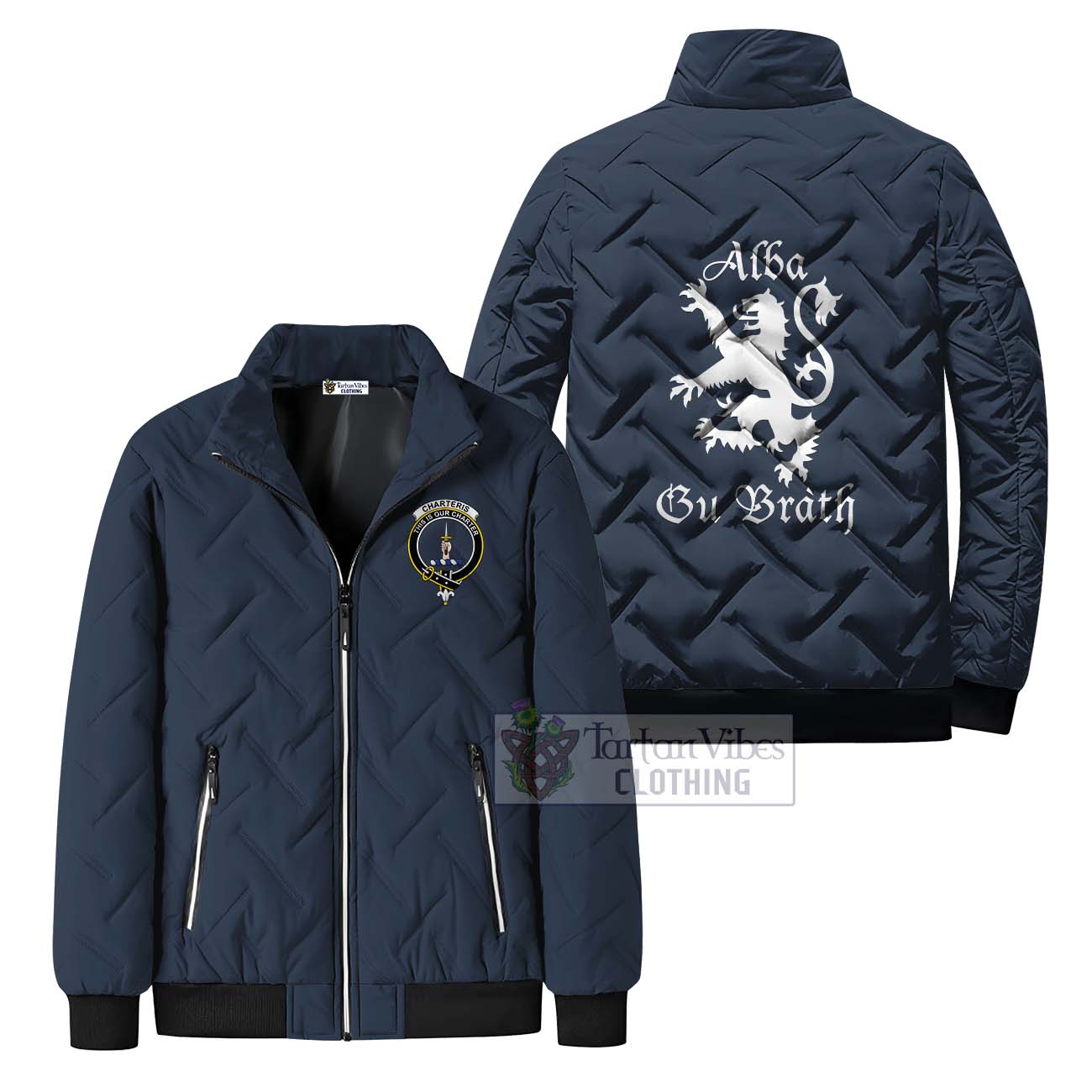 Tartan Vibes Clothing Charteris Family Crest Padded Cotton Jacket Lion Rampant Alba Gu Brath Style