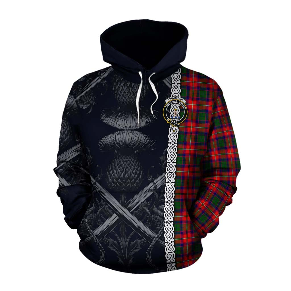 Tartan Vibes Clothing Charteris Tartan Cotton Hoodie with Family Crest Cross Sword Thistle Celtic Vibes