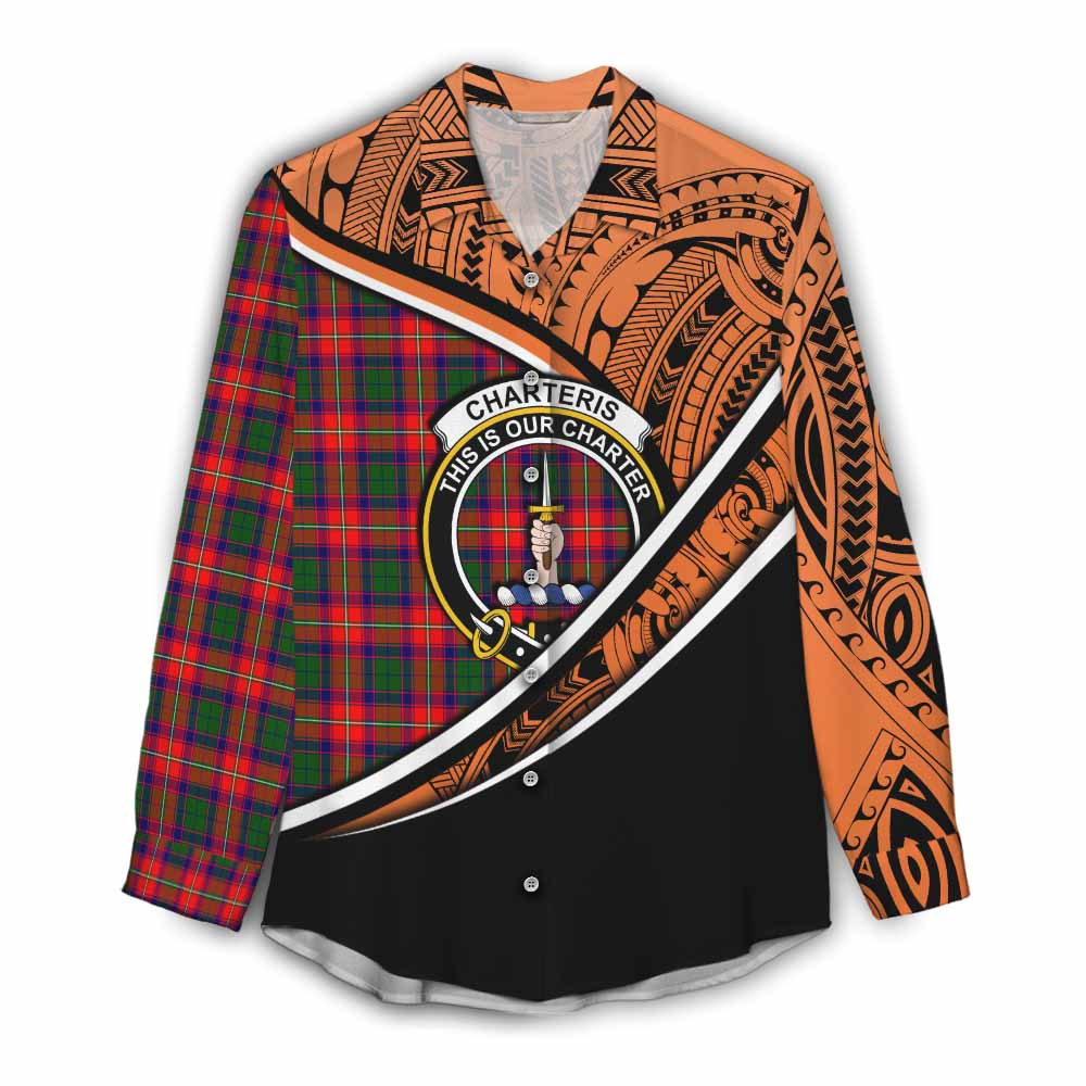 Tartan Vibes Clothing Charteris Crest Tartan Women's Casual Shirt with Maori Tattoo Style - Orange Version