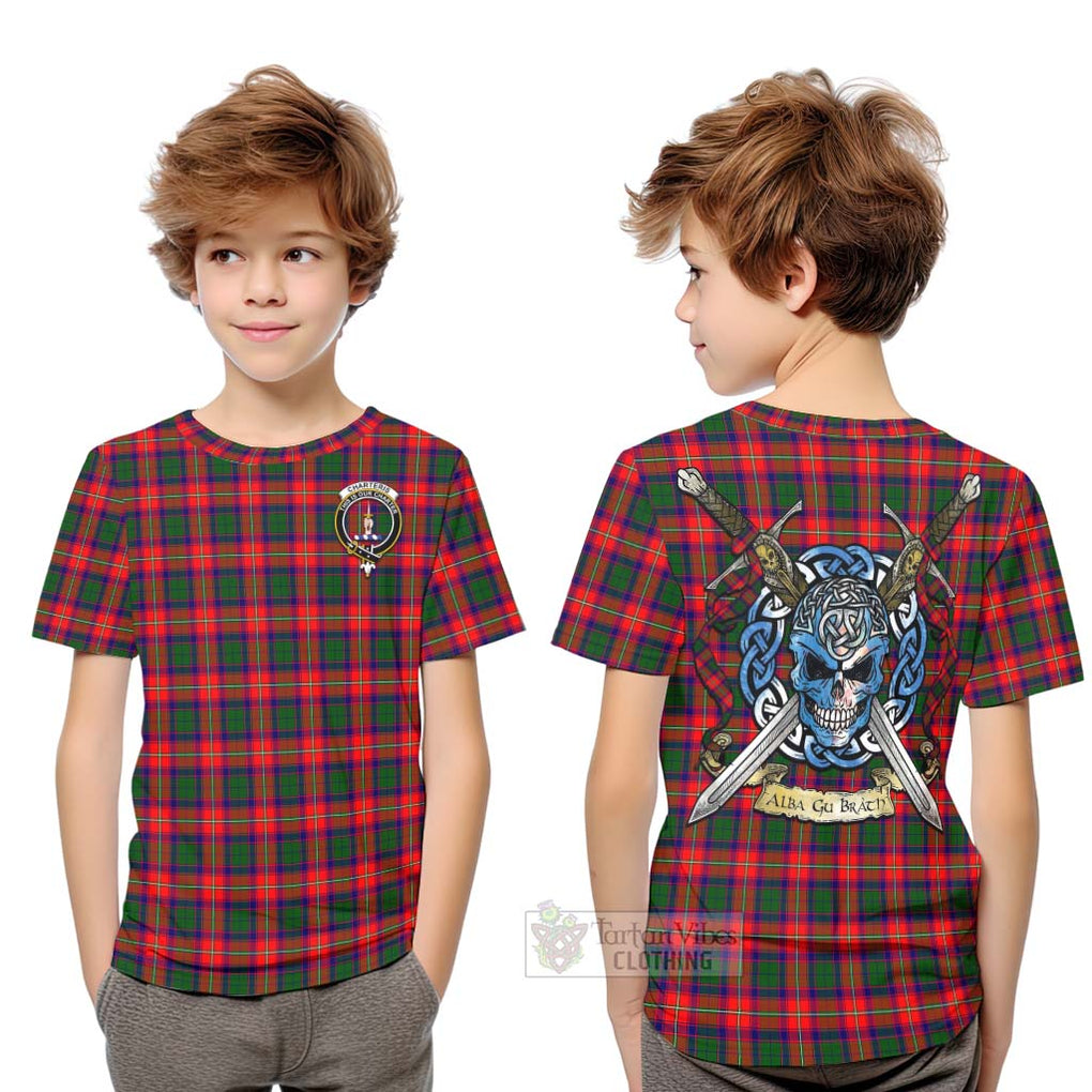 Tartan Vibes Clothing Charteris Tartan Kid T-Shirt with Family Crest Celtic Skull Style