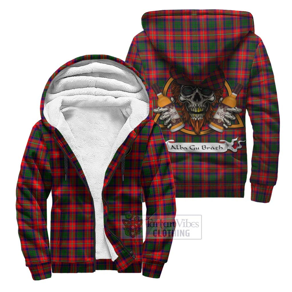 Tartan Vibes Clothing Charteris Tartan Sherpa Hoodie with Family Crest and Bearded Skull Holding Bottles of Whiskey