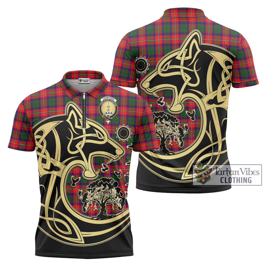 Charteris Tartan Zipper Polo Shirt with Family Crest Celtic Wolf Style Unisex - Tartanvibesclothing Shop