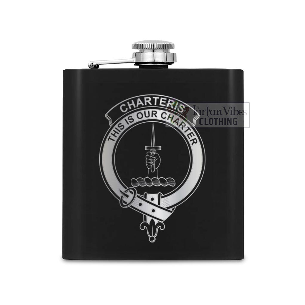 Tartan Vibes Clothing Charteris Crest Hip Flask Set 7oz Black Stainless Steel with A Gift Box