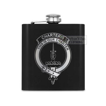 Charteris Crest Hip Flask Set 7oz Black Stainless Steel with A Gift Box