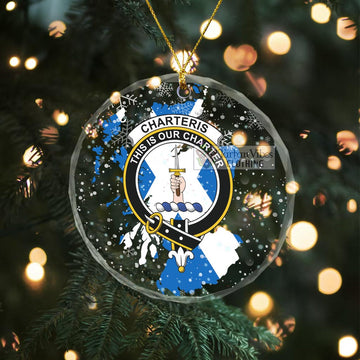 Charteris Clan Crest Christmas Glass Ornament with Scotland Map