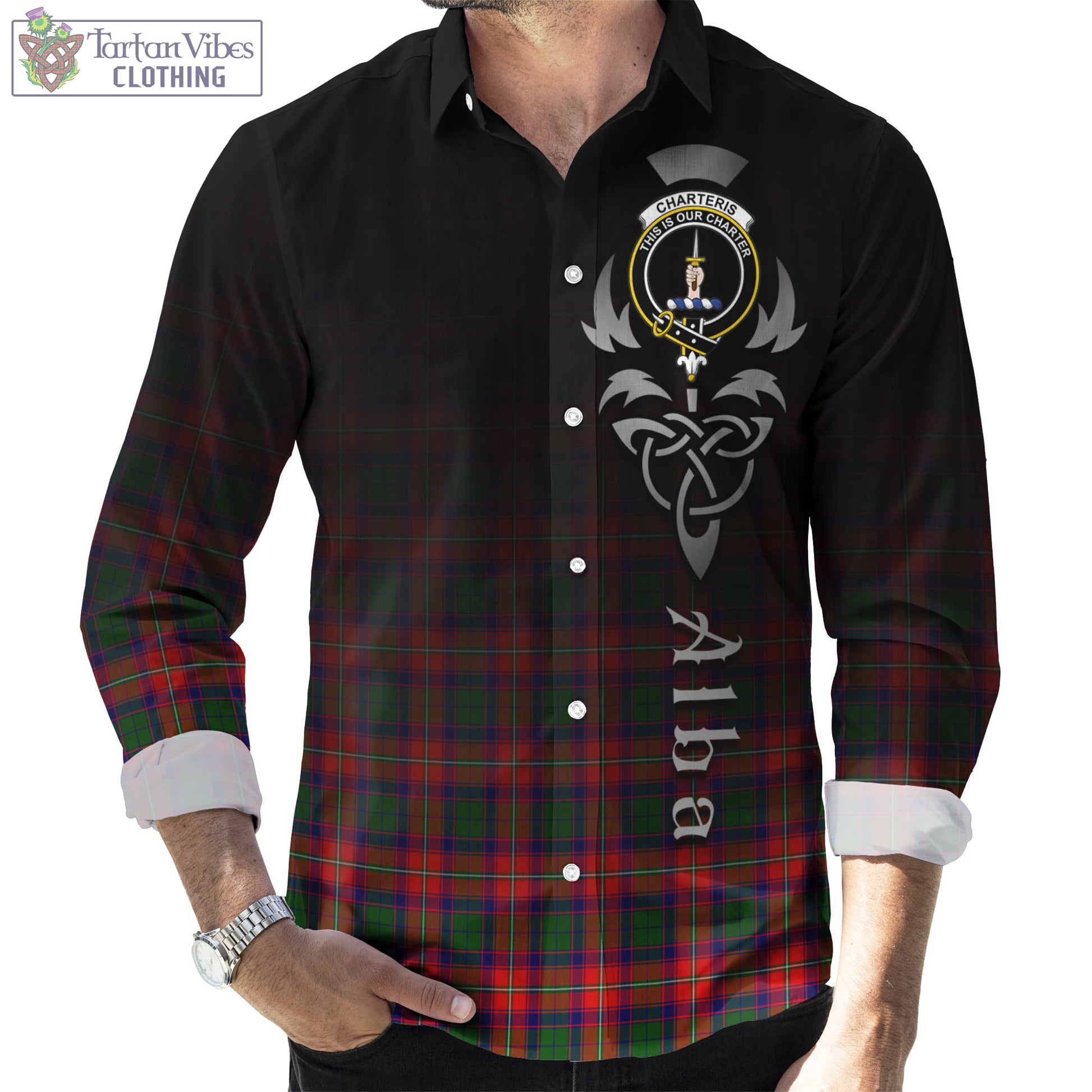 Tartan Vibes Clothing Charteris Tartan Long Sleeve Button Up Featuring Alba Gu Brath Family Crest Celtic Inspired