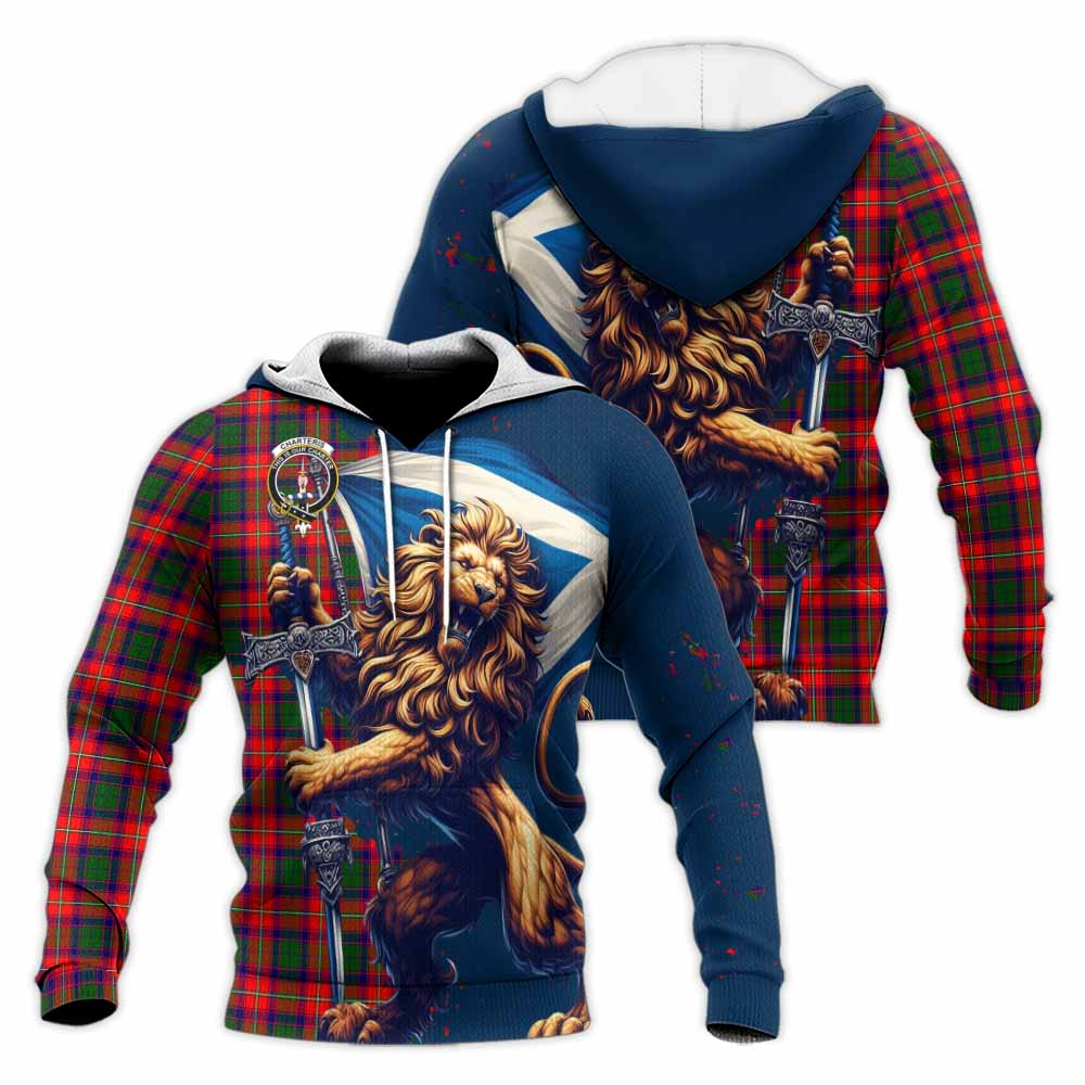 Tartan Vibes Clothing Charteris Tartan Family Crest Knitted Hoodie with Scottish Majestic Lion