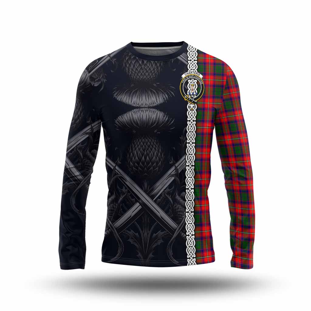 Tartan Vibes Clothing Charteris Tartan Long Sleeve T-Shirt with Family Crest Cross Sword Thistle Celtic Vibes