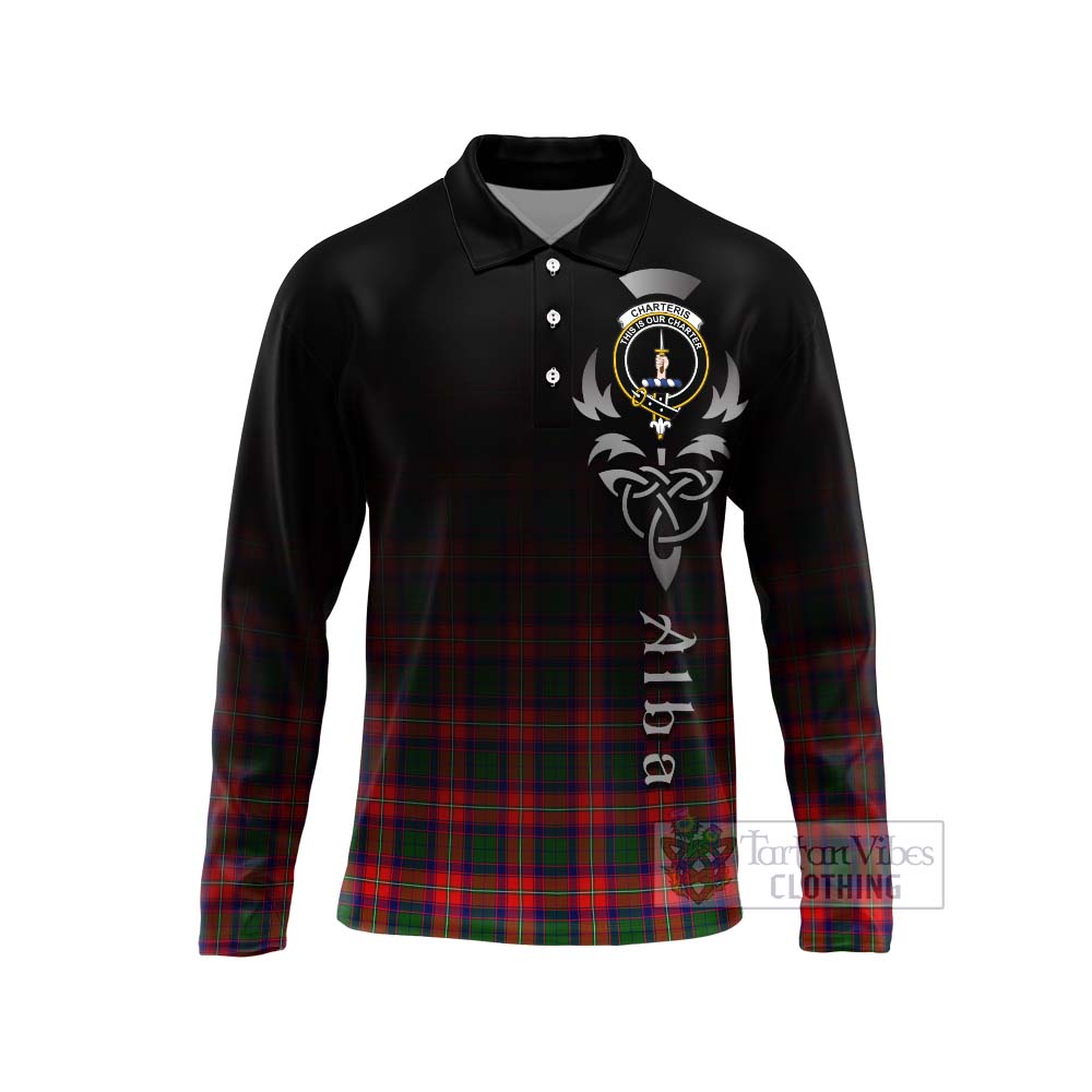 Tartan Vibes Clothing Charteris Tartan Long Sleeve Polo Shirt Featuring Alba Gu Brath Family Crest Celtic Inspired