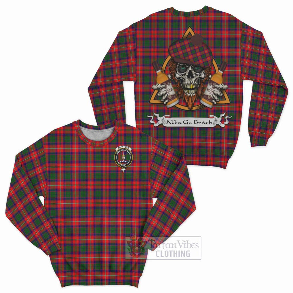 Tartan Vibes Clothing Charteris Tartan Sweatshirt with Family Crest and Bearded Skull Holding Bottles of Whiskey